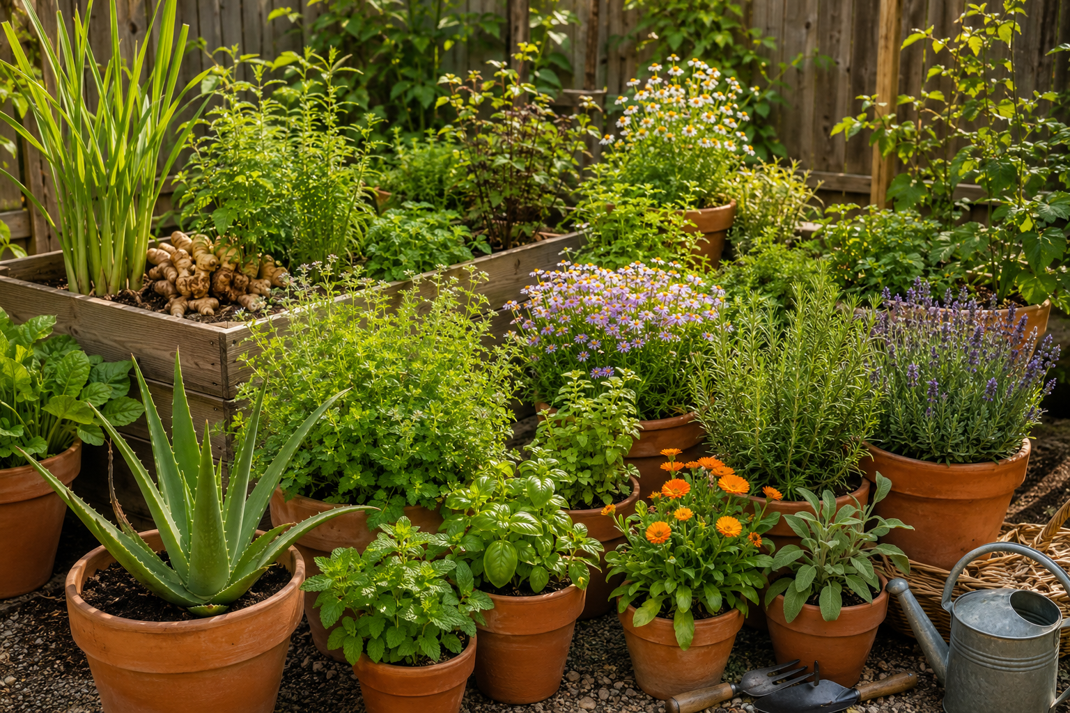 A vibrant home herbal garden featuring aloe vera, mint, basil, ginger, turmeric, rosemary, thyme, lavender, chamomile, lemongrass, sage, oregano, holy basil, calendula, and lemon balm growing in pots and garden beds.