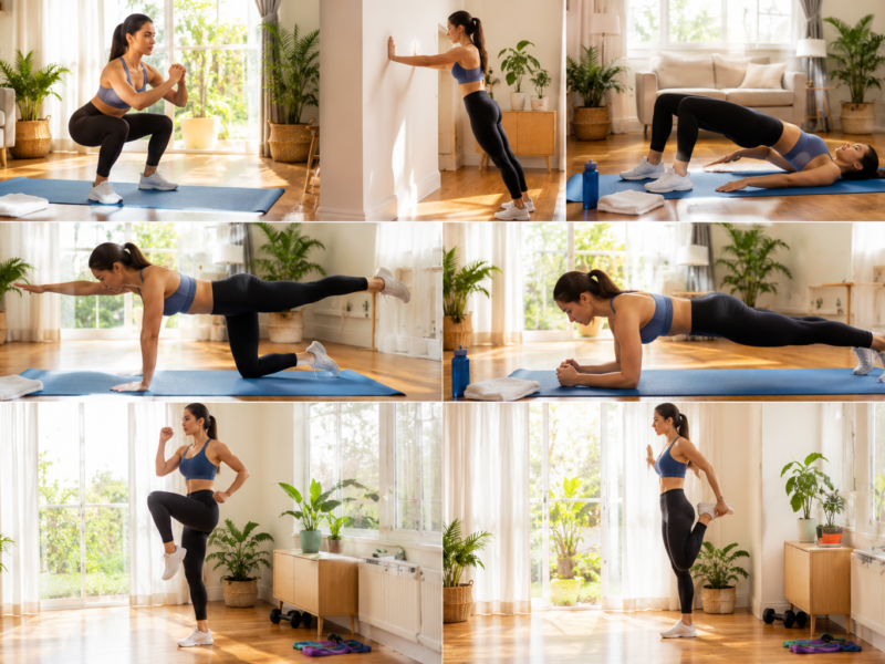 Person performing a beginner full body workout at home with bodyweight exercises including squats, wall push-ups, glute bridges, bird dog, planks, and stretching in a bright living room.