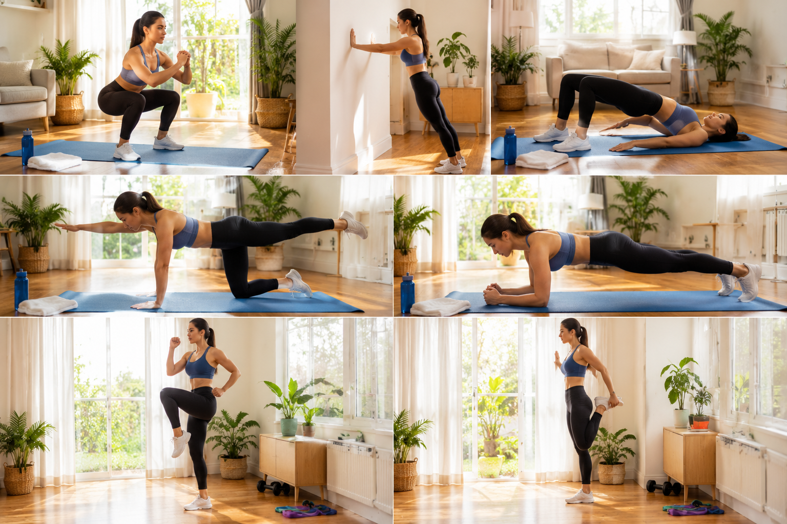 Person performing a beginner full body workout at home with bodyweight exercises including squats, wall push-ups, glute bridges, bird dog, planks, and stretching in a bright living room.