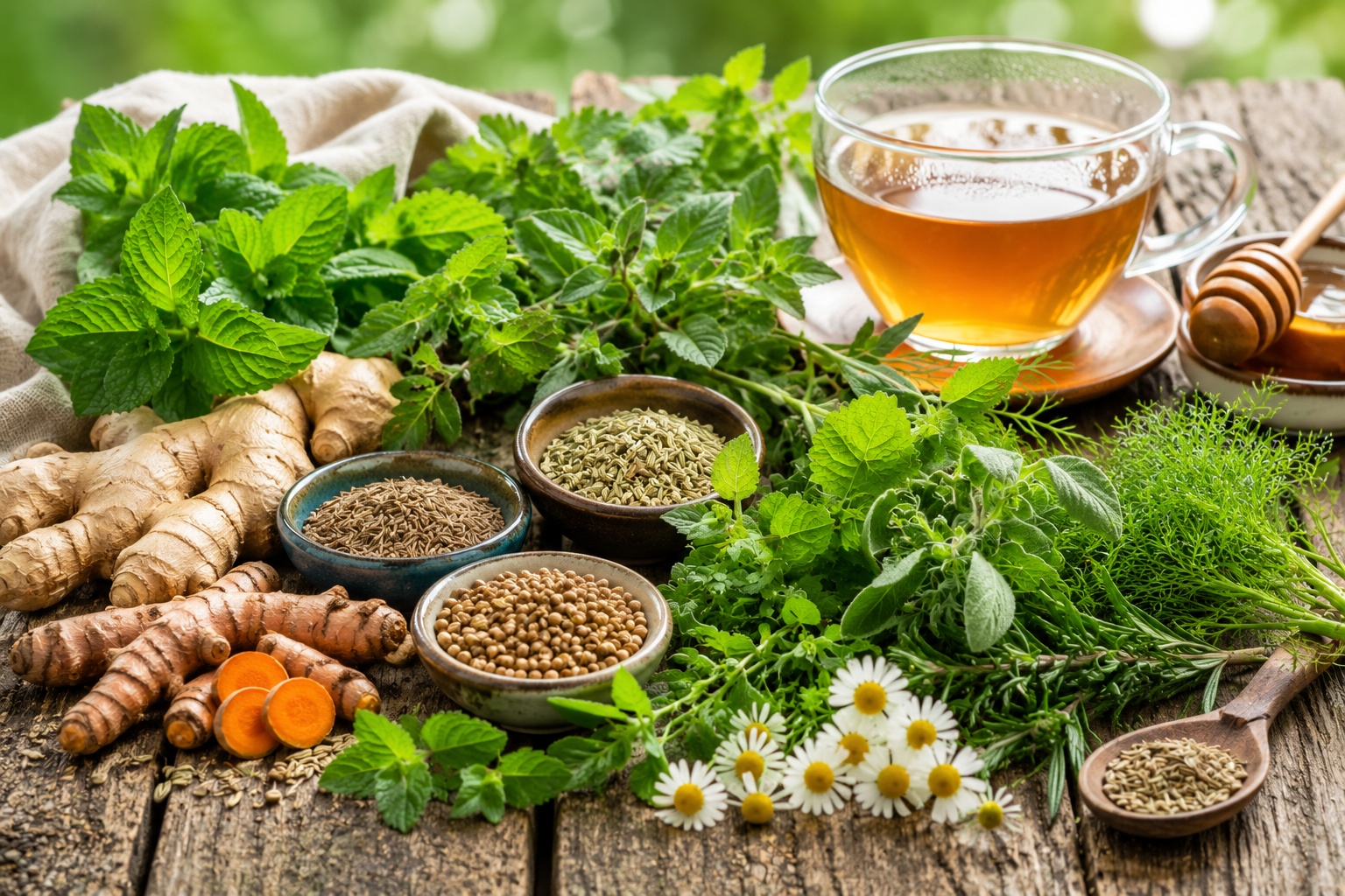 Fresh digestive herbs including ginger, peppermint, fennel, chamomile, mint, turmeric, cumin, coriander, holy basil, lemon balm, rosemary, and dill displayed on a wooden table for natural digestive health.