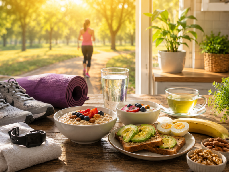 Healthy morning routine for losing belly fat featuring a glass of water, protein-rich breakfast, jogging shoes, fresh fruit, oatmeal, eggs, yoga mat, and sunlight in a modern kitchen.