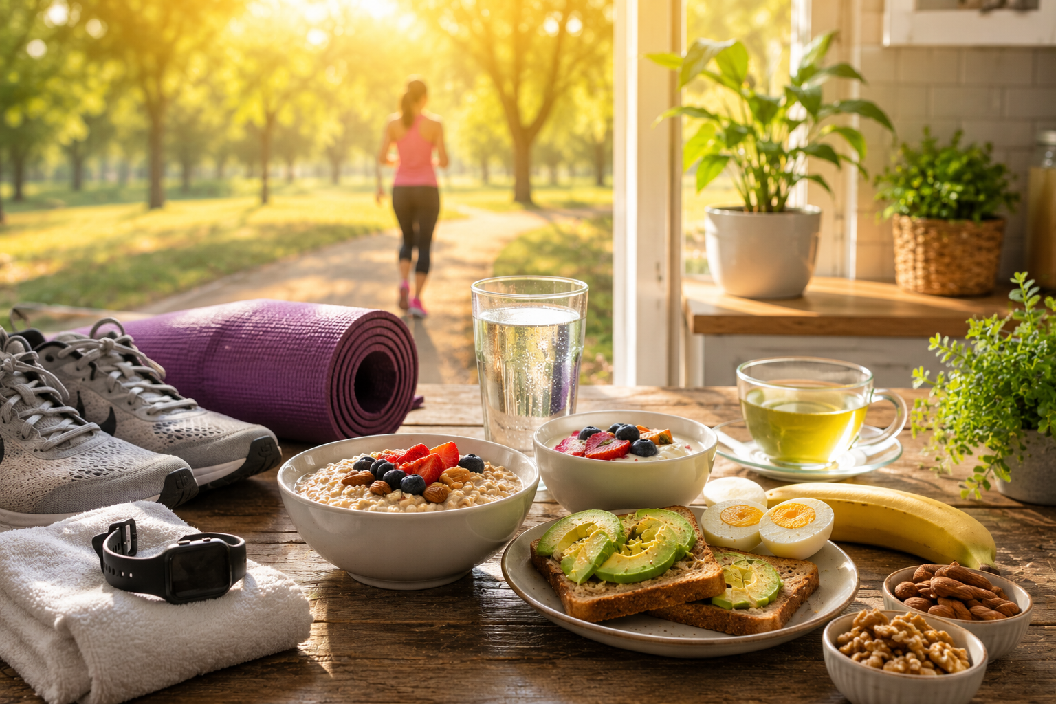 Healthy morning routine for losing belly fat featuring a glass of water, protein-rich breakfast, jogging shoes, fresh fruit, oatmeal, eggs, yoga mat, and sunlight in a modern kitchen.