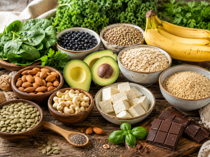 A healthy selection of foods rich in magnesium including spinach, pumpkin seeds, almonds, cashews, black beans, lentils, oats, brown rice, avocado, banana, dark chocolate, and tofu on a wooden table.