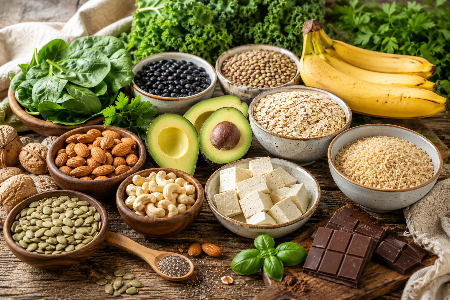 A healthy selection of foods rich in magnesium including spinach, pumpkin seeds, almonds, cashews, black beans, lentils, oats, brown rice, avocado, banana, dark chocolate, and tofu on a wooden table.