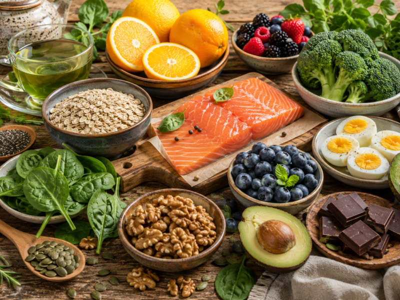 Healthy foods that improve brain health including salmon, blueberries, walnuts, spinach, eggs, broccoli, pumpkin seeds, dark chocolate, avocado, oranges, oats, and green tea arranged on a wooden table.