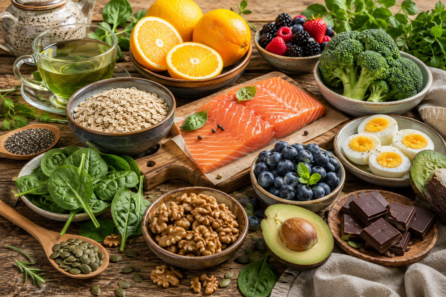 Healthy foods that improve brain health including salmon, blueberries, walnuts, spinach, eggs, broccoli, pumpkin seeds, dark chocolate, avocado, oranges, oats, and green tea arranged on a wooden table.