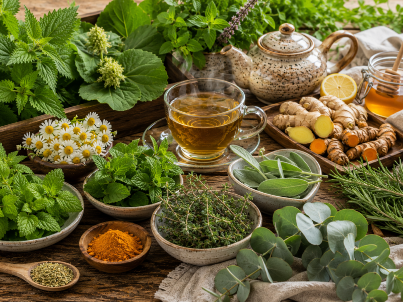 Natural herbal remedies for seasonal allergies including stinging nettle, butterbur, peppermint, ginger, holy basil, turmeric, chamomile, lemon balm, rosemary, sage, thyme, and eucalyptus arranged on a rustic wooden table.