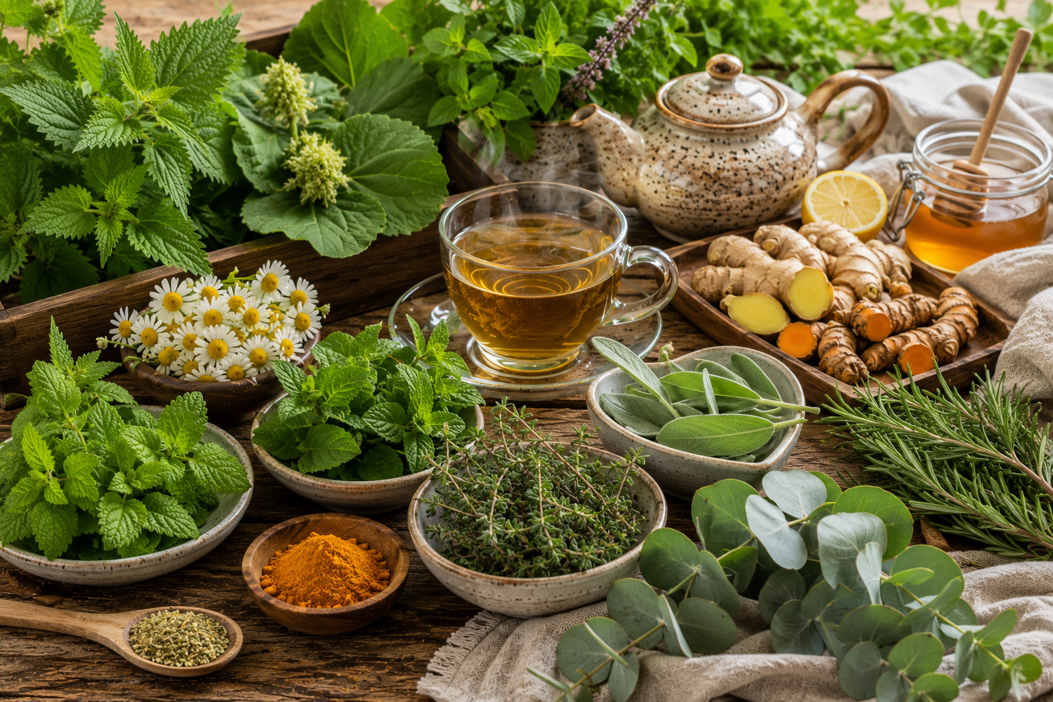 Natural herbal remedies for seasonal allergies including stinging nettle, butterbur, peppermint, ginger, holy basil, turmeric, chamomile, lemon balm, rosemary, sage, thyme, and eucalyptus arranged on a rustic wooden table.