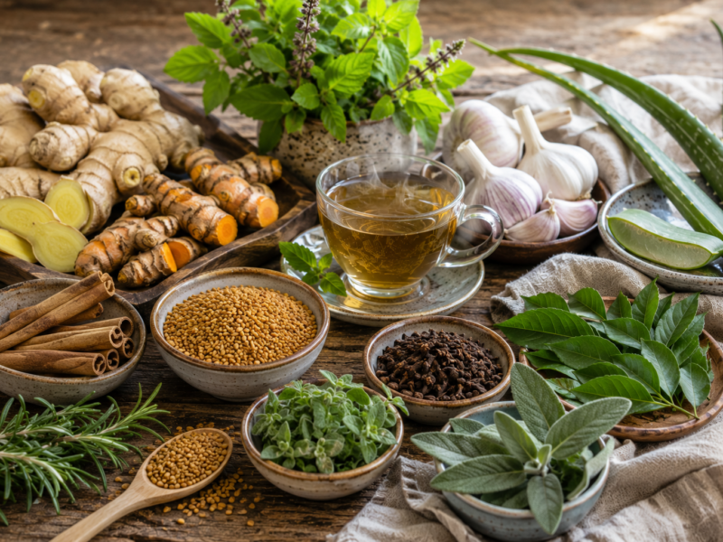 Natural herbs that help lower blood sugar including cinnamon, fenugreek, turmeric, holy basil, ginger, garlic, rosemary, oregano, sage, curry leaves, cloves, and aloe vera arranged on a wooden table.