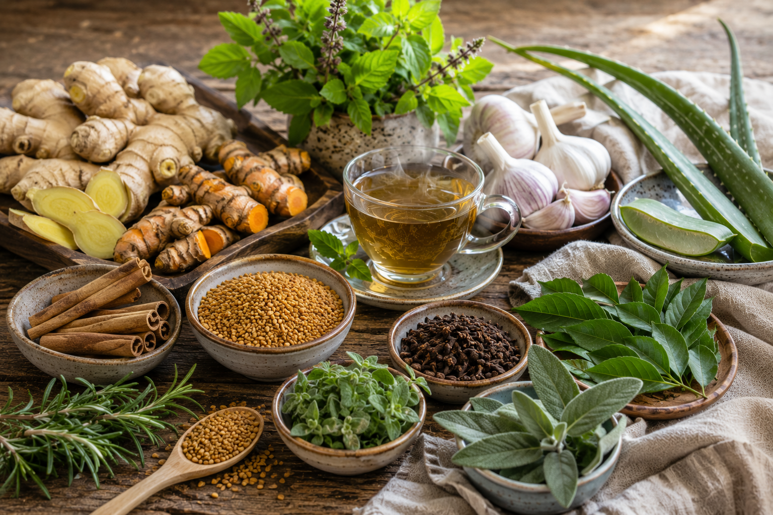 Natural herbs that help lower blood sugar including cinnamon, fenugreek, turmeric, holy basil, ginger, garlic, rosemary, oregano, sage, curry leaves, cloves, and aloe vera arranged on a wooden table.