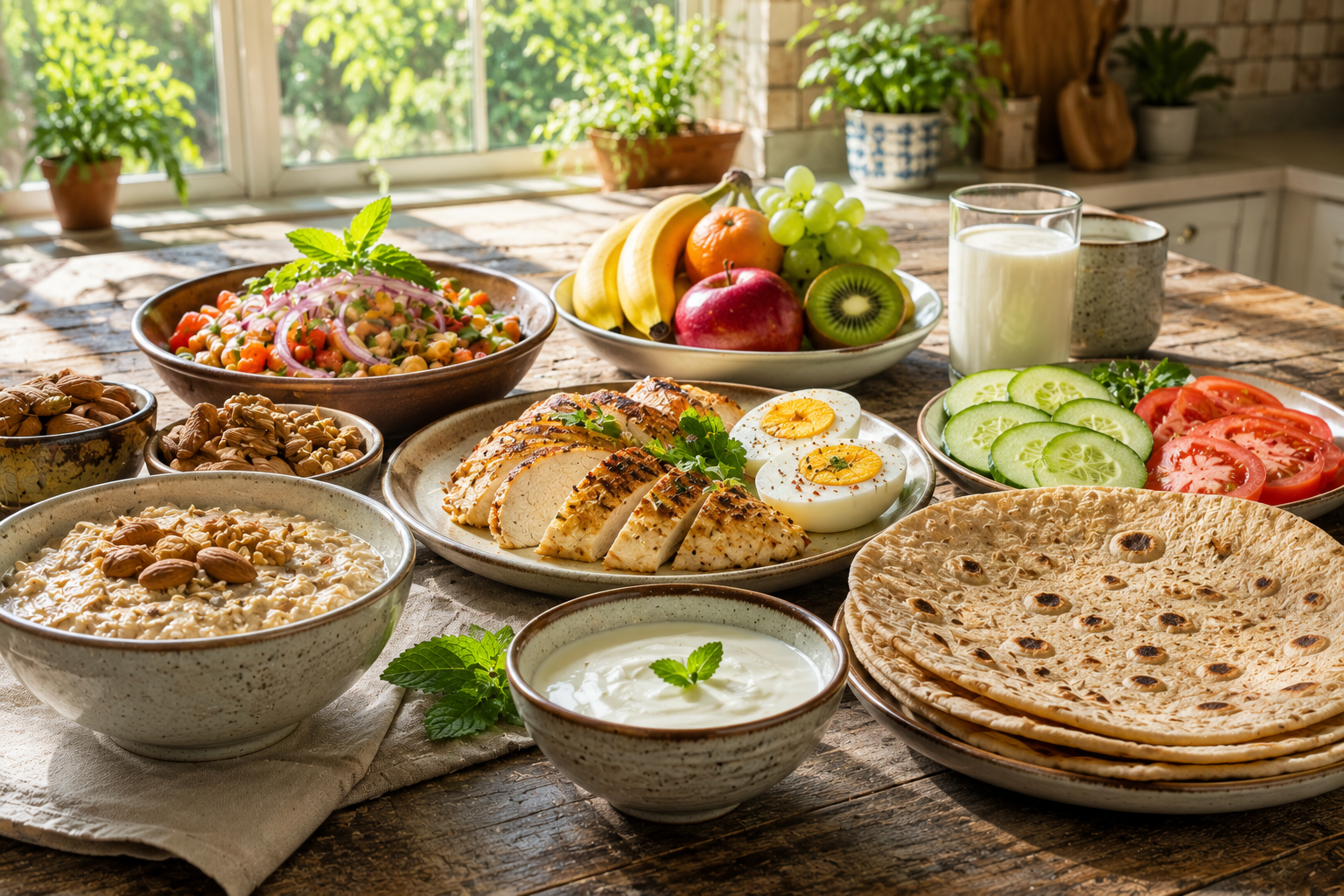 Healthy high protein Pakistani breakfast for weight loss featuring boiled eggs, grilled chicken, Greek yogurt, whole wheat chapati, chickpea salad, fresh vegetables, and seasonal fruit on a wooden table.