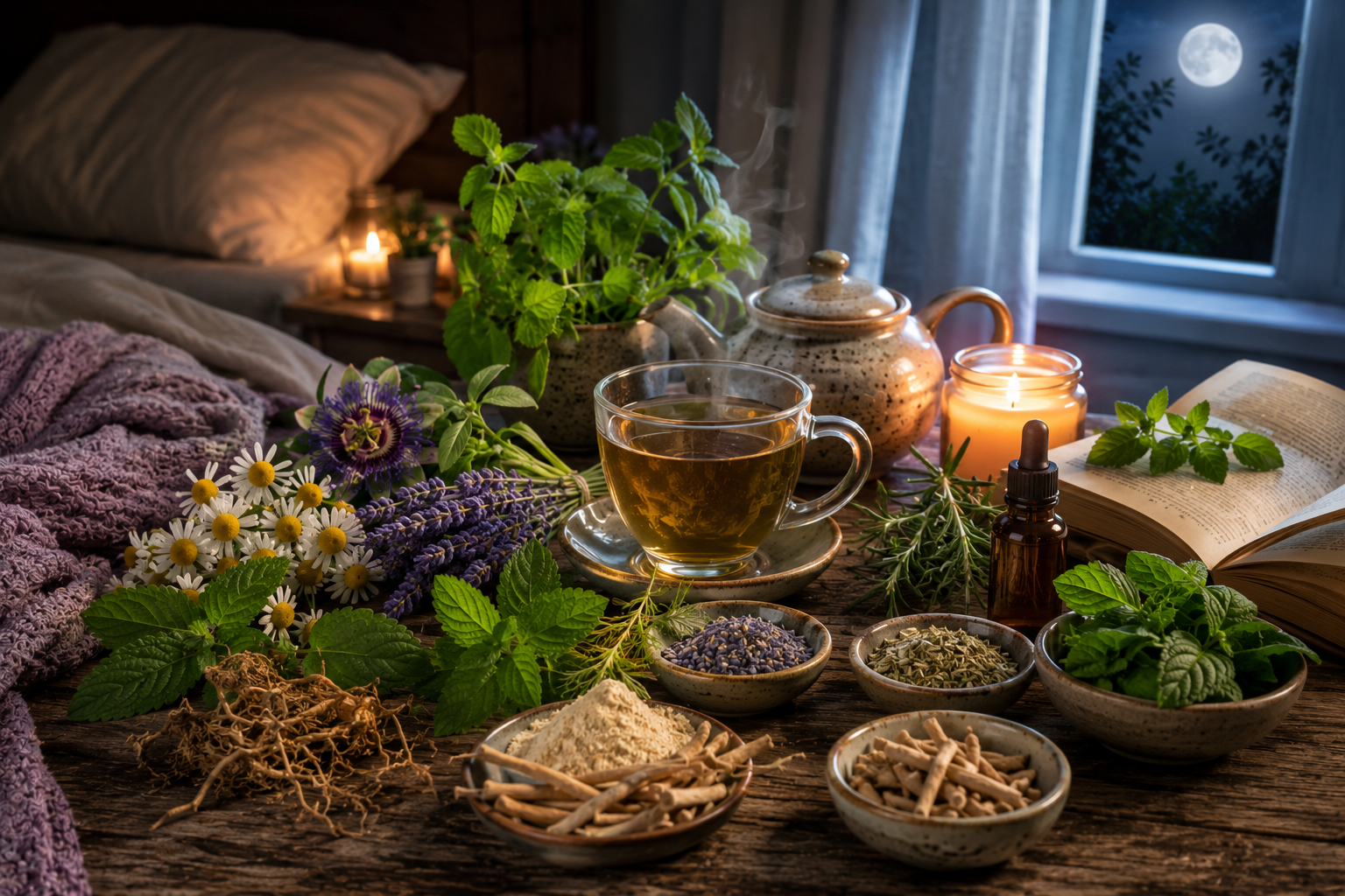 A calming collection of natural herbs for better sleep including chamomile, lavender, lemon balm, valerian root, passionflower, holy basil, peppermint, ashwagandha, rosemary, jasmine, and herbal tea on a bedside table.