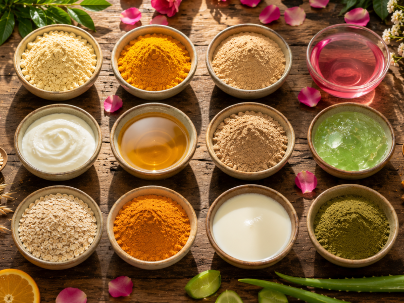 Twelve separate bowls containing gram flour, turmeric, sandalwood powder, rose water, yogurt, honey, Multani Mitti, aloe vera gel, oatmeal, orange peel powder, milk, and neem powder arranged for a homemade ubtan recipe.