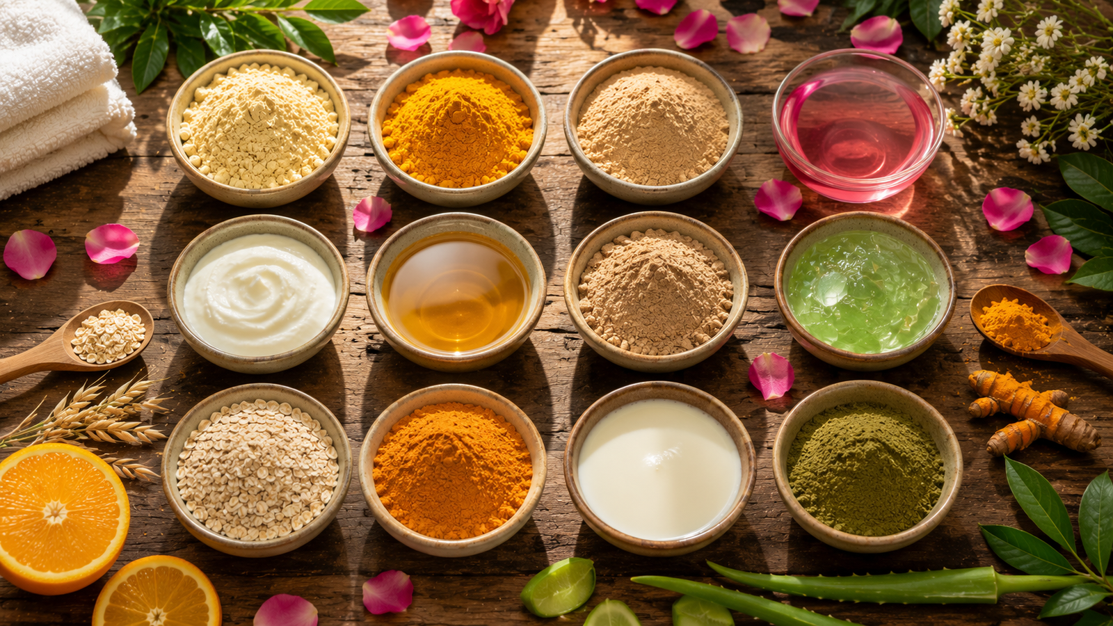 Twelve separate bowls containing gram flour, turmeric, sandalwood powder, rose water, yogurt, honey, Multani Mitti, aloe vera gel, oatmeal, orange peel powder, milk, and neem powder arranged for a homemade ubtan recipe.