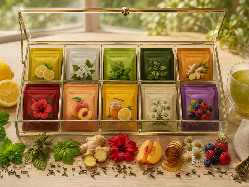 Elegant glass organizer box displaying ten separate green tea flavour packets including lemon, jasmine, mint, tulsi, ginger, hibiscus, peach, honey lemon, chamomile, and berry green tea.