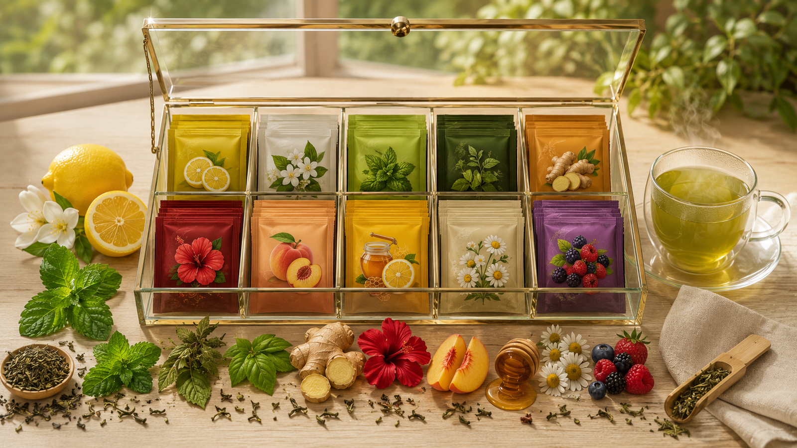 Elegant glass organizer box displaying ten separate green tea flavour packets including lemon, jasmine, mint, tulsi, ginger, hibiscus, peach, honey lemon, chamomile, and berry green tea.