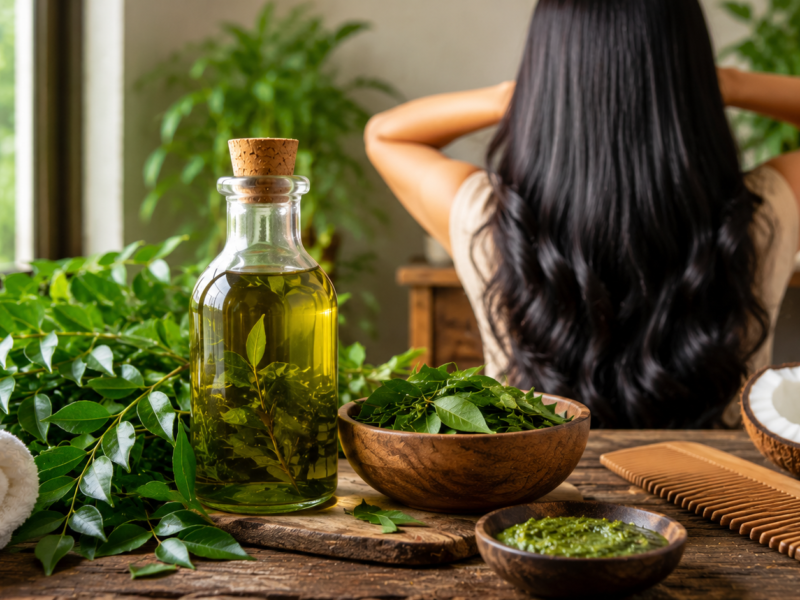 Fresh curry leaves, homemade curry leaf hair oil, healthy long shiny hair, and natural herbal ingredients showing the top benefits of curry leaves for hair growth naturally.