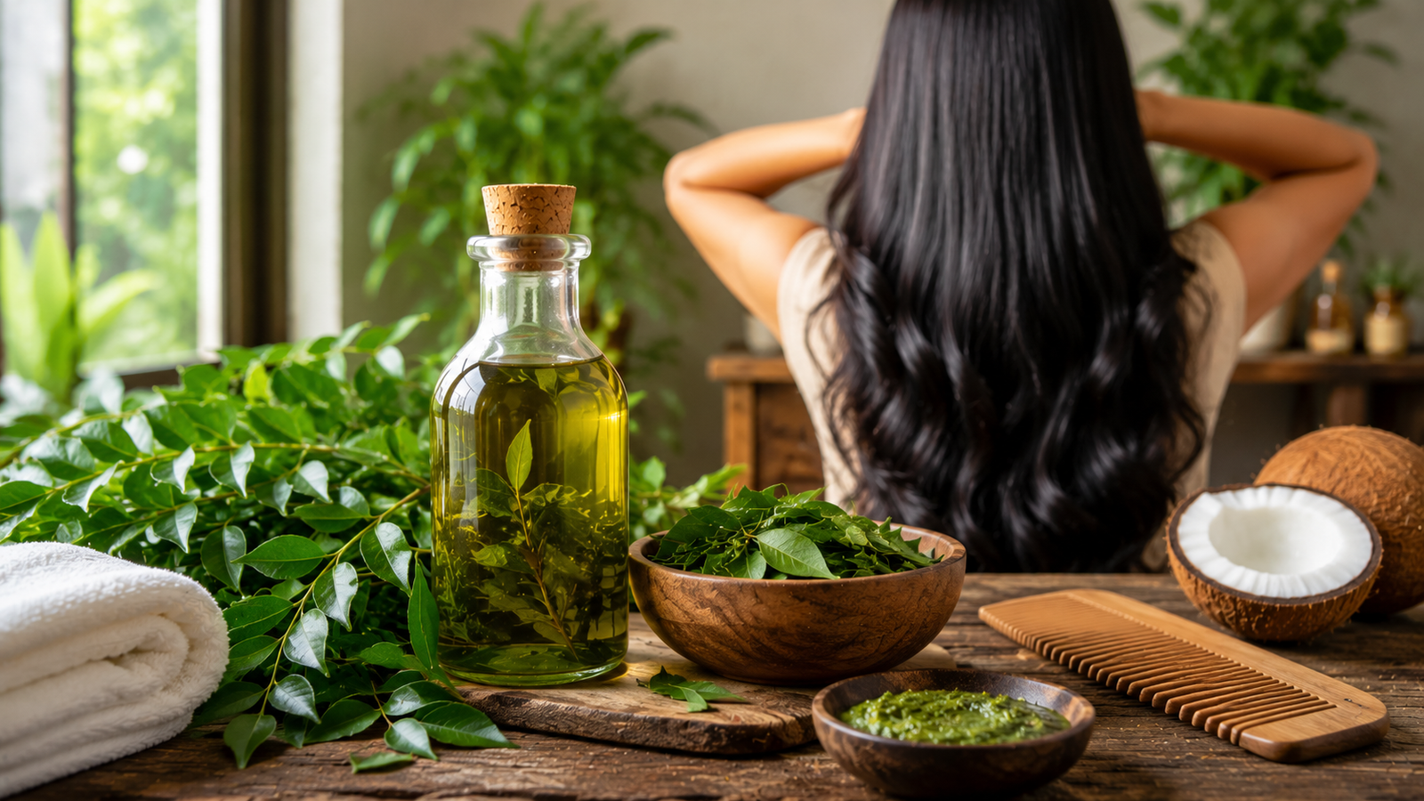 Fresh curry leaves, homemade curry leaf hair oil, healthy long shiny hair, and natural herbal ingredients showing the top benefits of curry leaves for hair growth naturally.