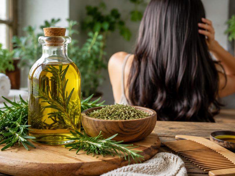 Fresh rosemary leaves, homemade rosemary-infused hair oil, healthy long shiny hair, and natural herbal hair care ingredients demonstrating the top benefits of rosemary leaves for hair growth naturally.