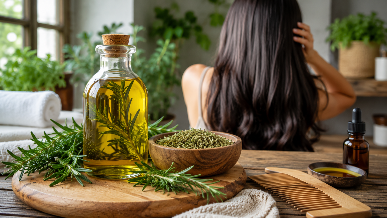 Fresh rosemary leaves, homemade rosemary-infused hair oil, healthy long shiny hair, and natural herbal hair care ingredients demonstrating the top benefits of rosemary leaves for hair growth naturally.